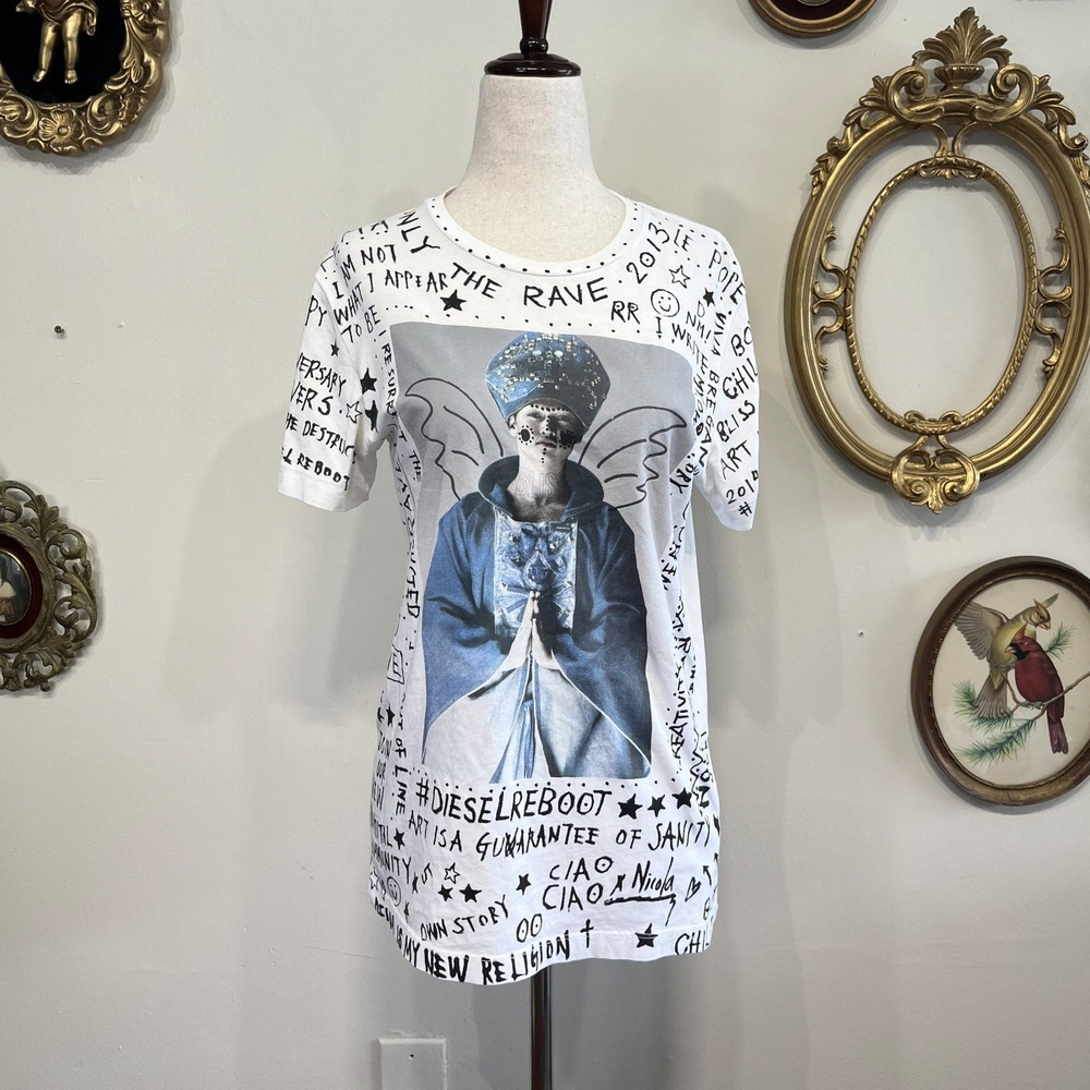 Diesel Reboot 2013 Graphic Print White T-Shirt Size XS